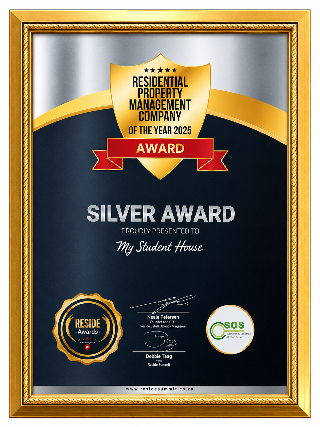 Reside Awards 2025 Silver certificate - Residential Property Management Company of the Year, presented to My Student House