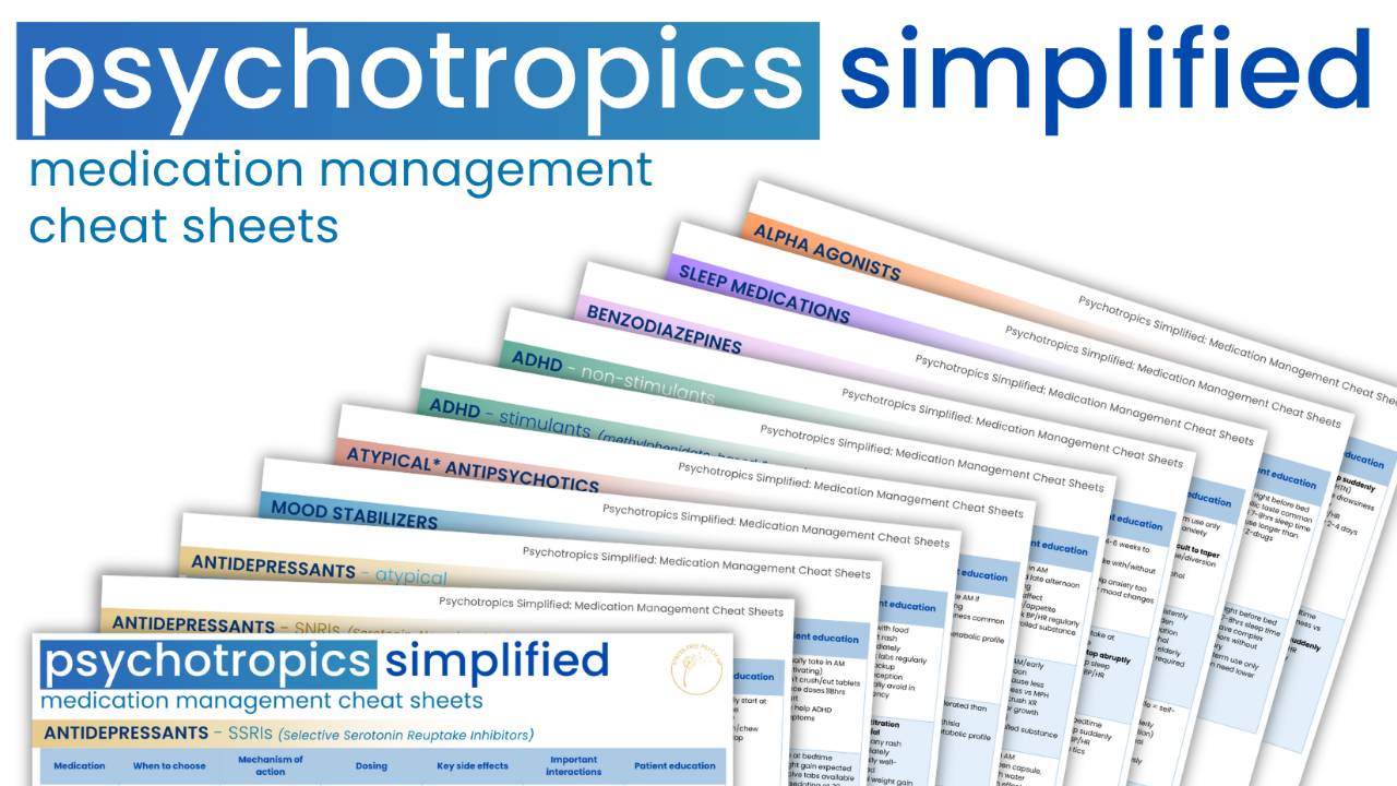 Psychotropics Simplified medication management cheat sheets, all 12 pages fanned out
