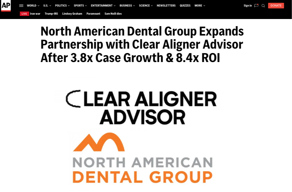 AP News: North American Dental Group Expands Partnership with Clear Aligner Advisor After 3.8x Case Growth and 8.4x ROI
