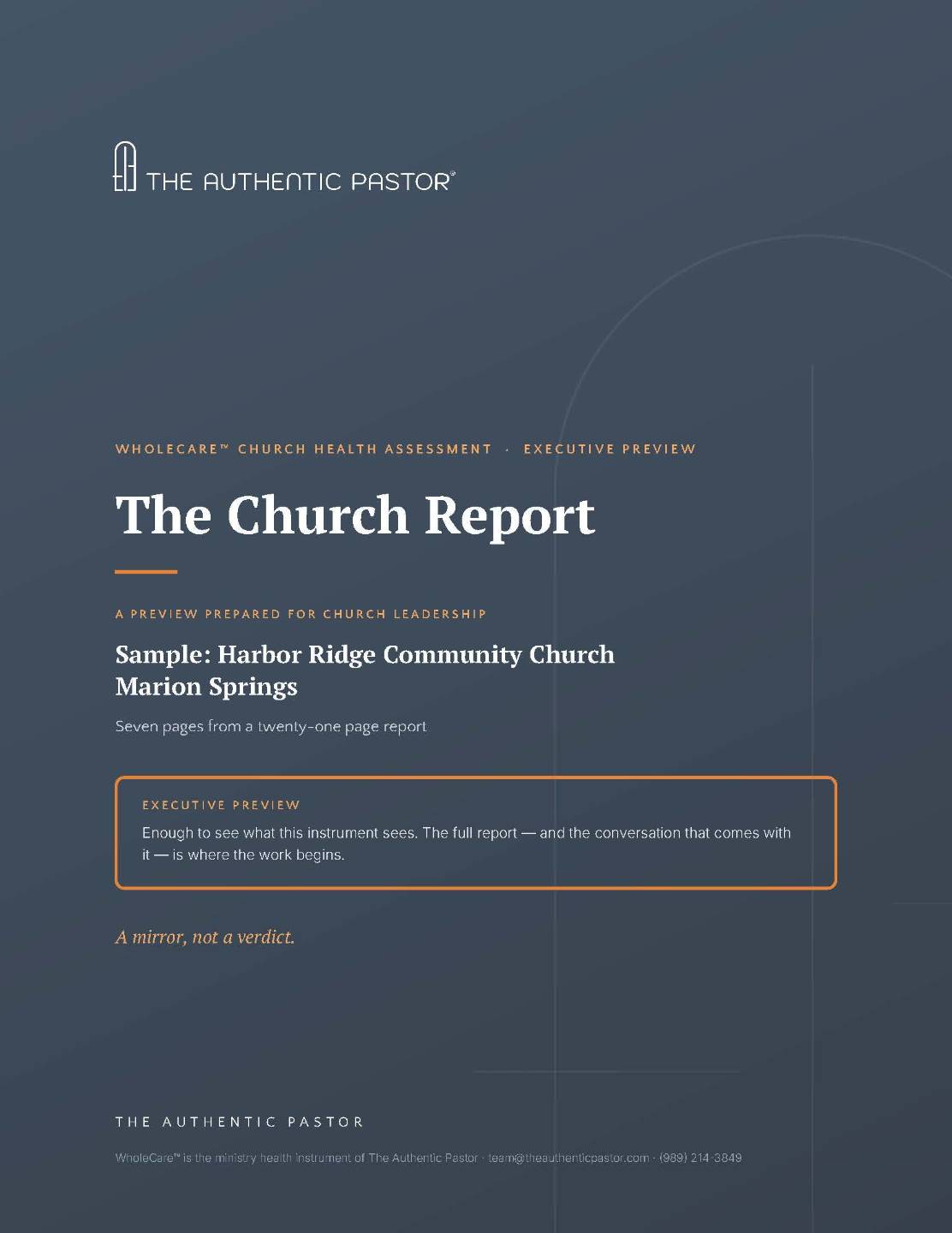 Cover of a real, anonymized WholeCare church assessment report from The Authentic Pastor.