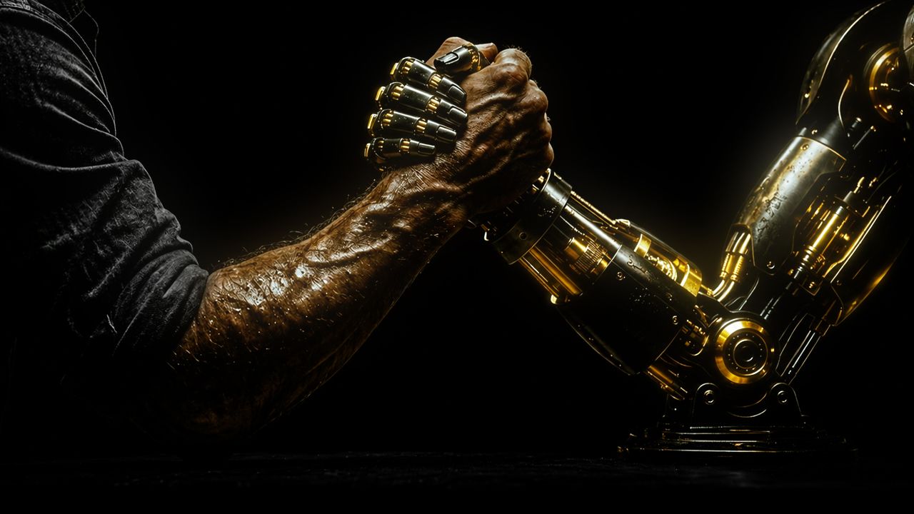 Une confrontation visuelle puissante entre l’humain et la machine : une main organique et un bras robotique s’affrontent dans une scène sombre et cinématographique, sublimée par des reflets dorés et un contraste intense sur fond noir.