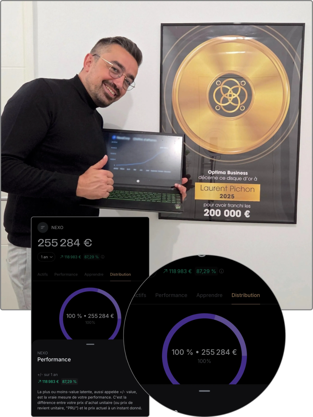  Notre élève Laurent en photo avec son trophée cadeau qui lui a été offert lorsqu'il à atteint 200 000 euros de résultats financiers 