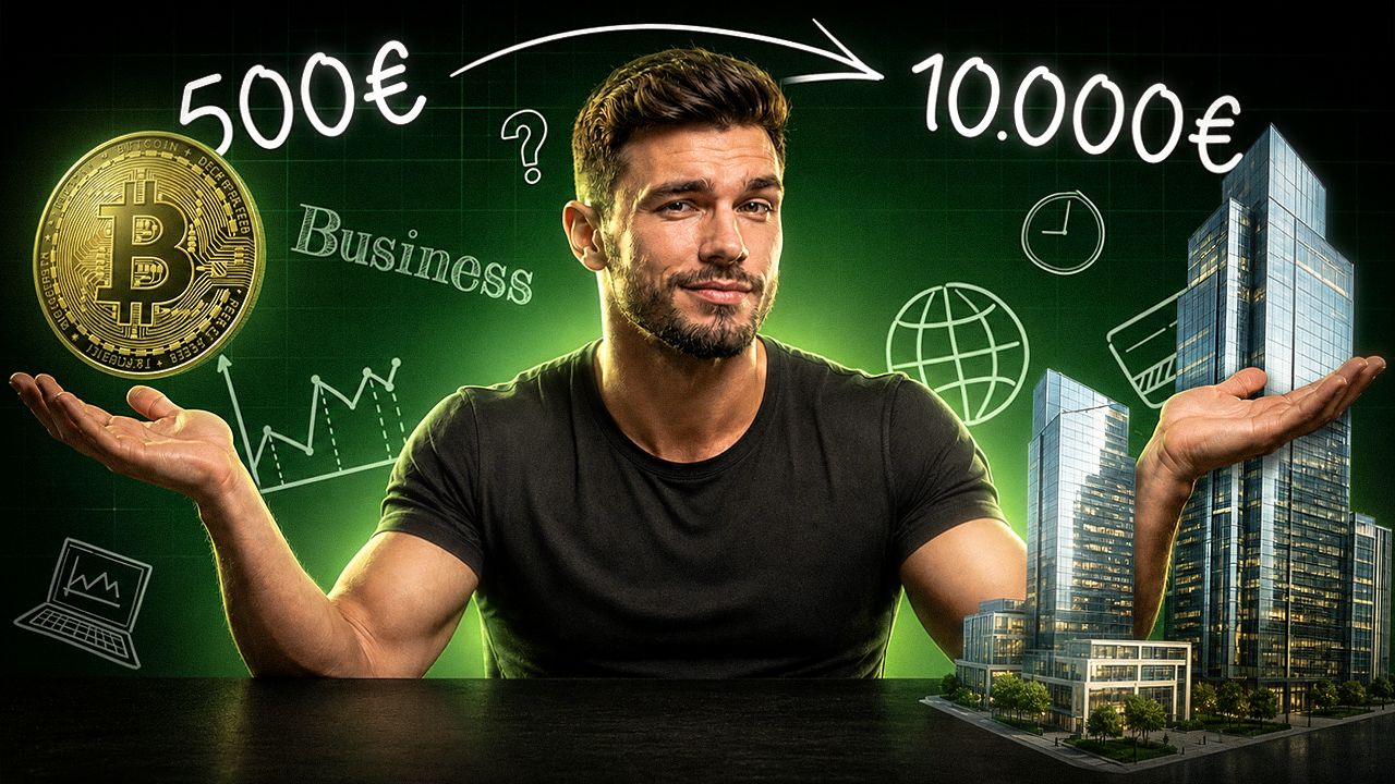 Illustration moderne représentant un homme comparant deux types d’investissements : le Bitcoin et l’immobilier. À gauche, une pièce Bitcoin dorée avec “500€” ; à droite, des bâtiments modernes symbolisant l’immobilier avec “10.000€”. Fond sombre avec éléments graphiques financiers et ambiance business premium.