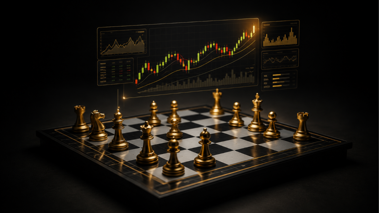 Scène cinématique réaliste d’un échiquier noir et blanc avec des pièces dorées métalliques sur fond sombre et minimaliste, accompagné de graphiques de trading holographiques lumineux affichant des chandeliers financiers en or et rouge, dans une ambiance premium, stratégique et luxueuse.