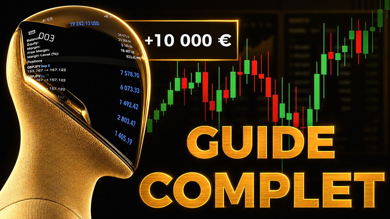 Visuel promotionnel futuriste d’un robot doré avec interface de trading affichée sur le casque, devant un graphique de marché en chandeliers verts et rouges, avec le texte « +10 000 € » et « GUIDE COMPLET » en lettres dorées lumineuses sur fond noir.