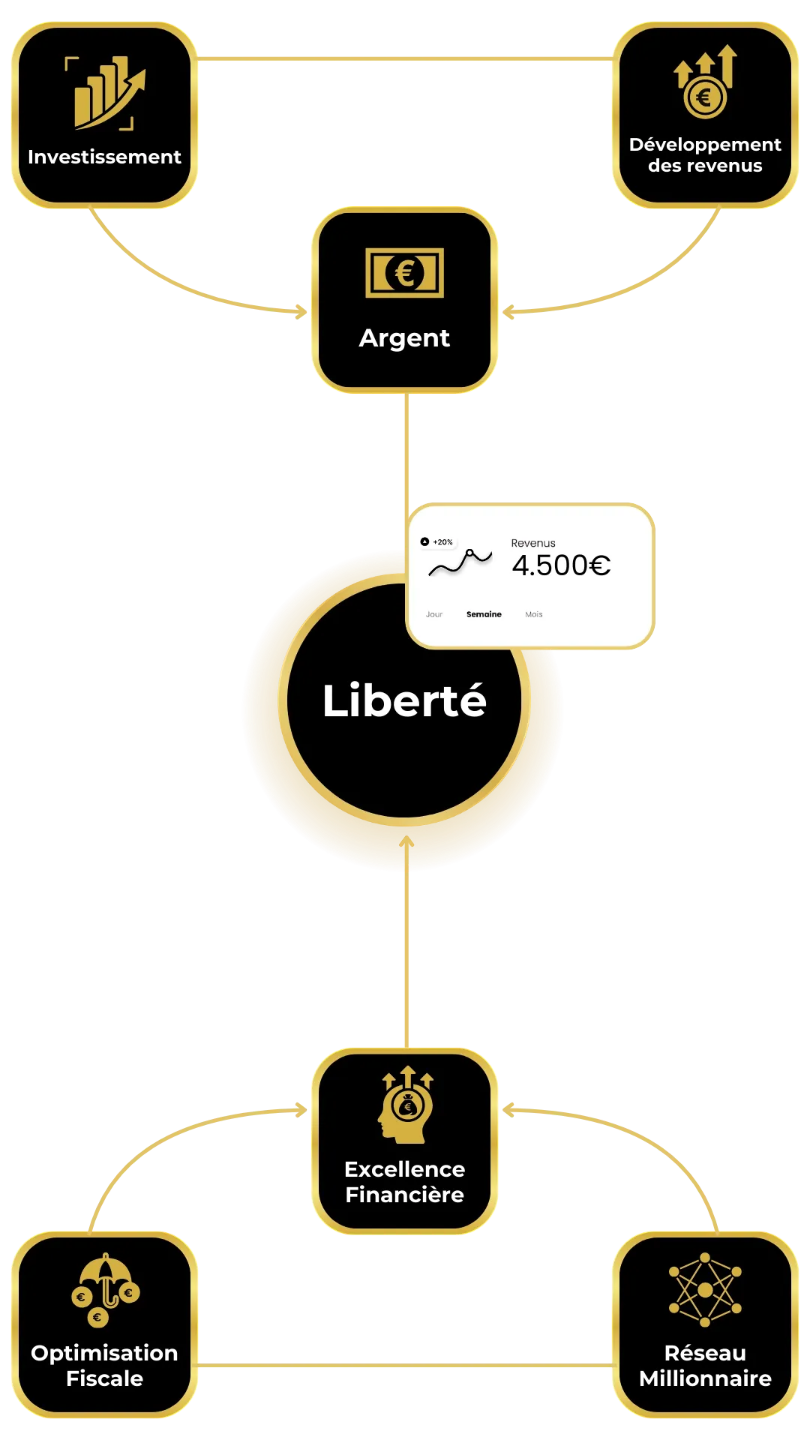 Infographie représentant un écosystème financier avec des éléments comme l'investissement, l'argent, le développement des revenus, l'optimisation fiscale, l'excellence financière, et le réseau millionnaire menant à la liberté financière