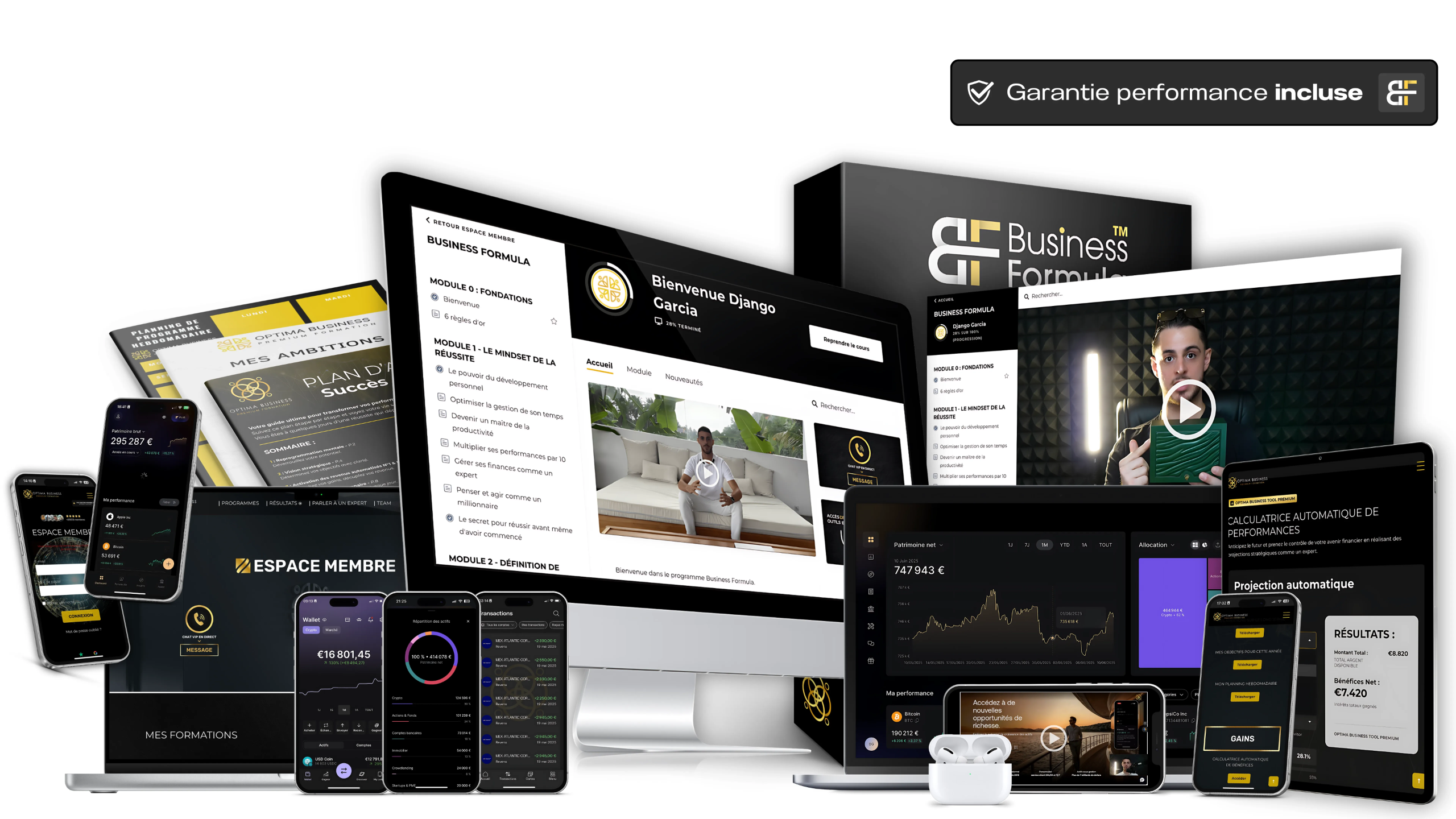Mockup du programme Business Formula™ d’Optima Business – formation premium en ligne pour créer des revenus 100 % automatisés et transformer sa vie en 90 jours.