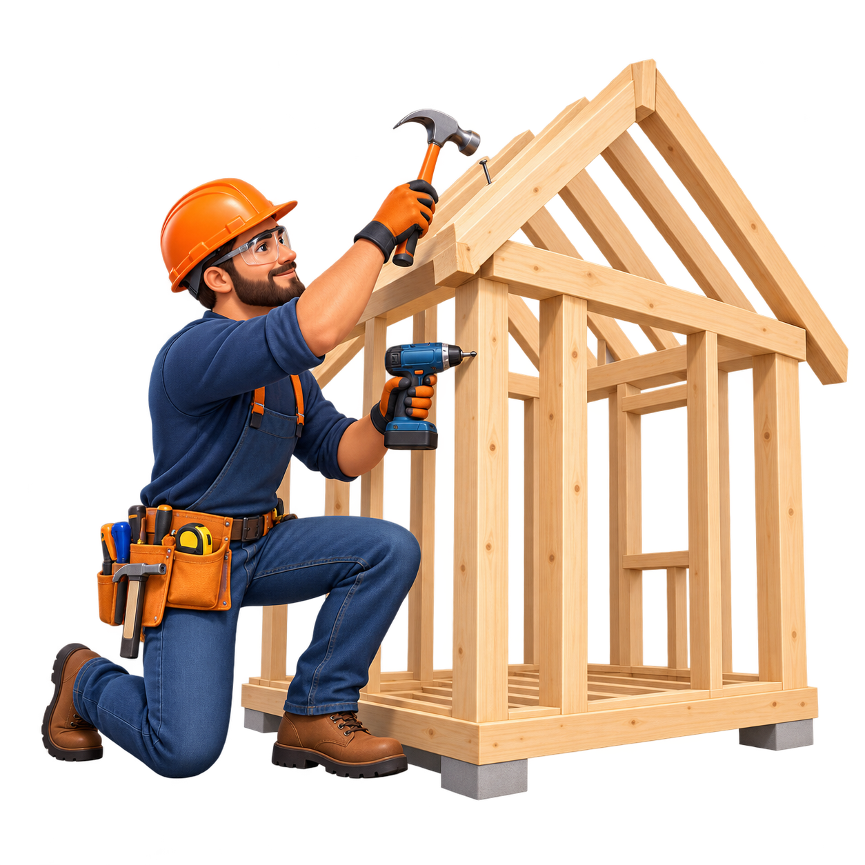 Builder constructing a house with practical tools