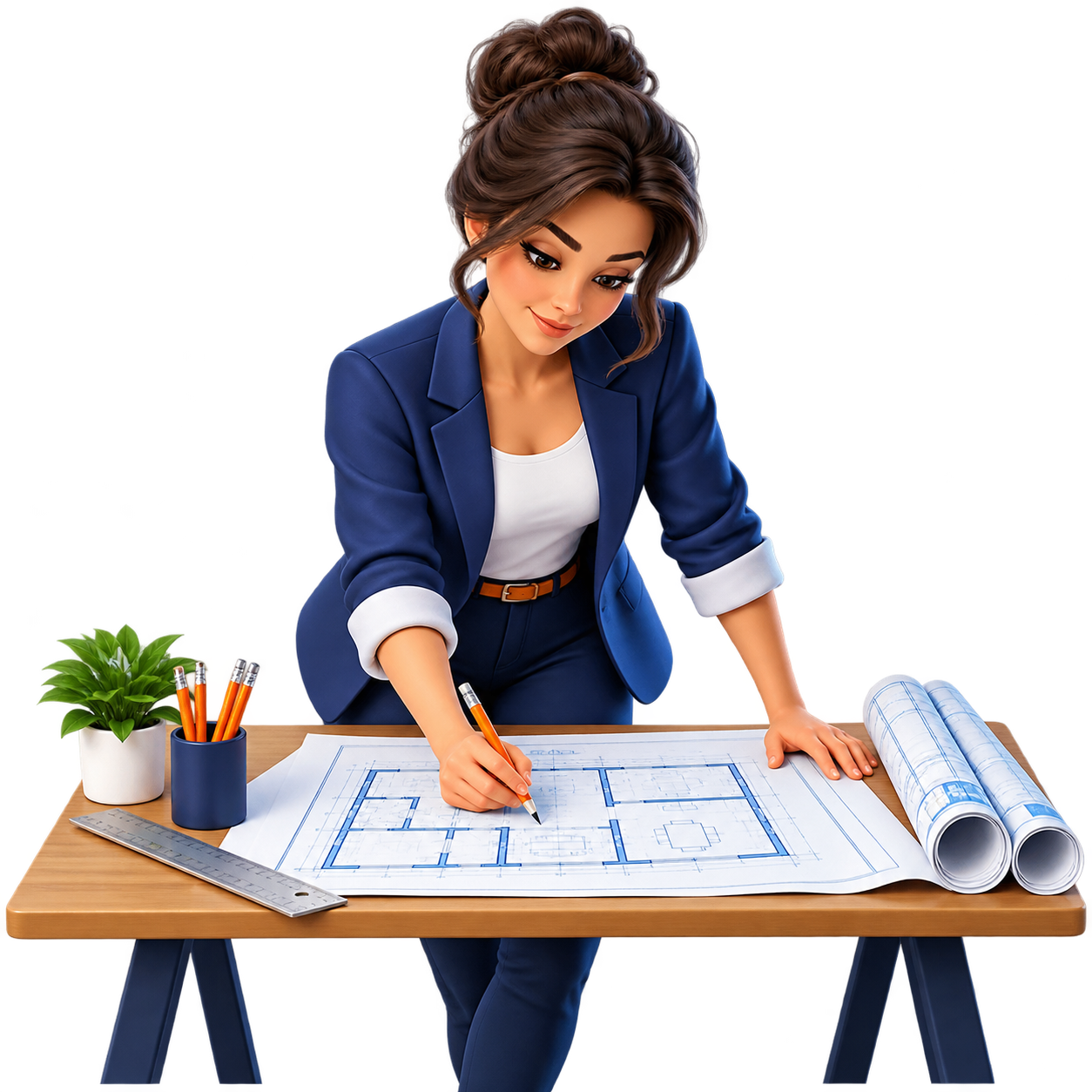 Creator developing a plan using blueprints