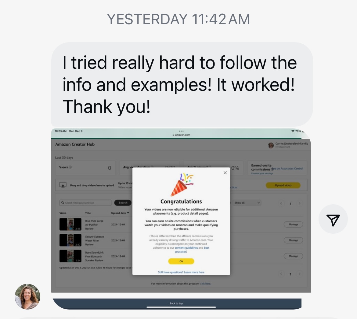 Student testimonial screenshot