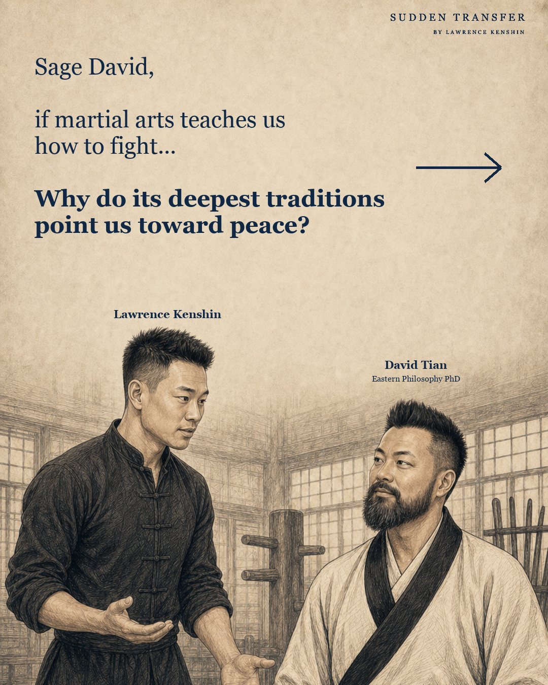 Carousel illustration of Lawrence Kenshin asking David Tian why martial arts, which teaches us how to fight, points toward peace.