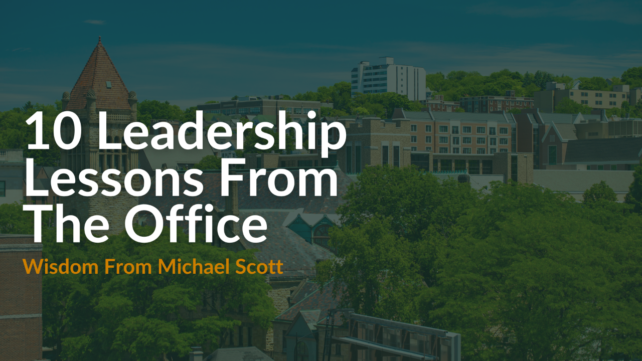 My Daily Leadership Blog Image Showing Michael Scott From the US Office Sat With His Mug Infront of Him With the Text to the Side Saying 10 Leadership Lessons from the Office: Wisdom From Michael Scott