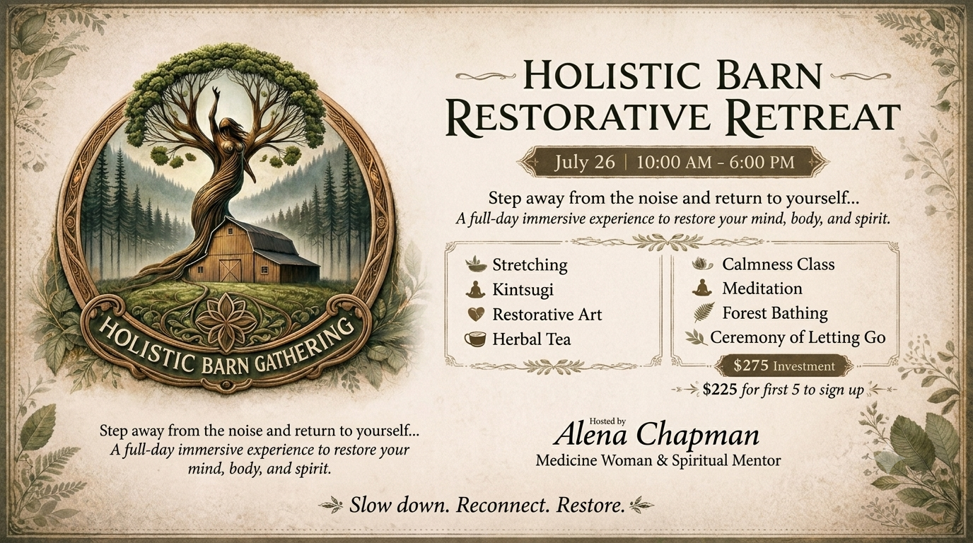 Promotional flyer for the Holistic Barn Restorative Retreat hosted by Alena Chapman on July 26, 2026. The event includes yoga, Kintsugi, forest bathing, and guided meditation, with lunch and snacks included for a $275 investment.