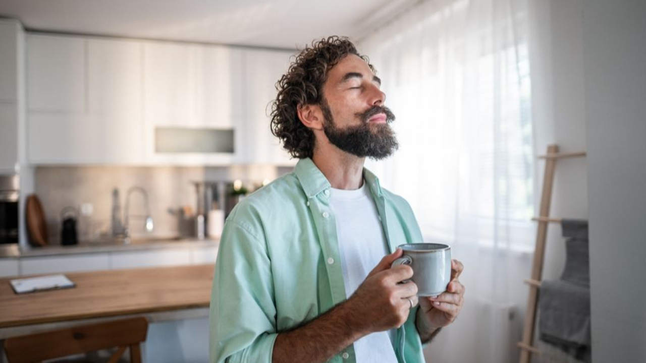 Curly-haired bearded man standing in his kitchen with his eyes closed holding a cup of coffee, before opening up his inbox.