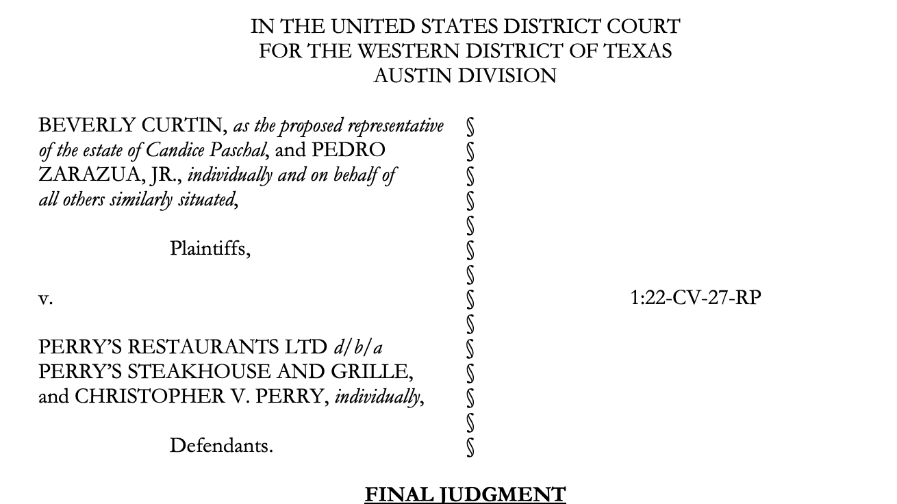 Header of Judgment in Curtis et al v Perry's Restaurants Ltd. 