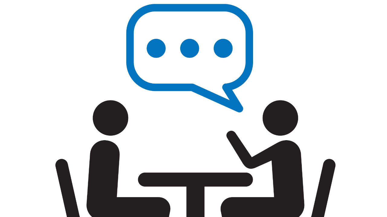 Two people meeting with a speech bubble.