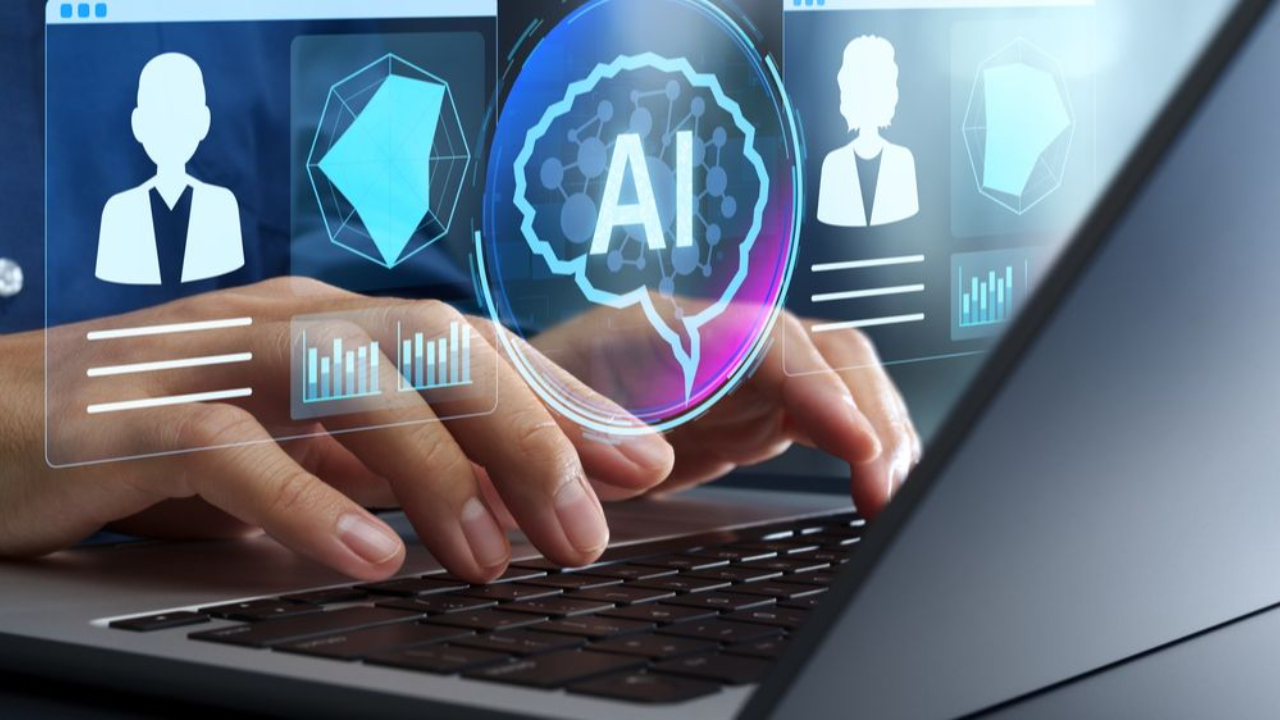 Hands typing on a computer with images of people and "AI" in view.