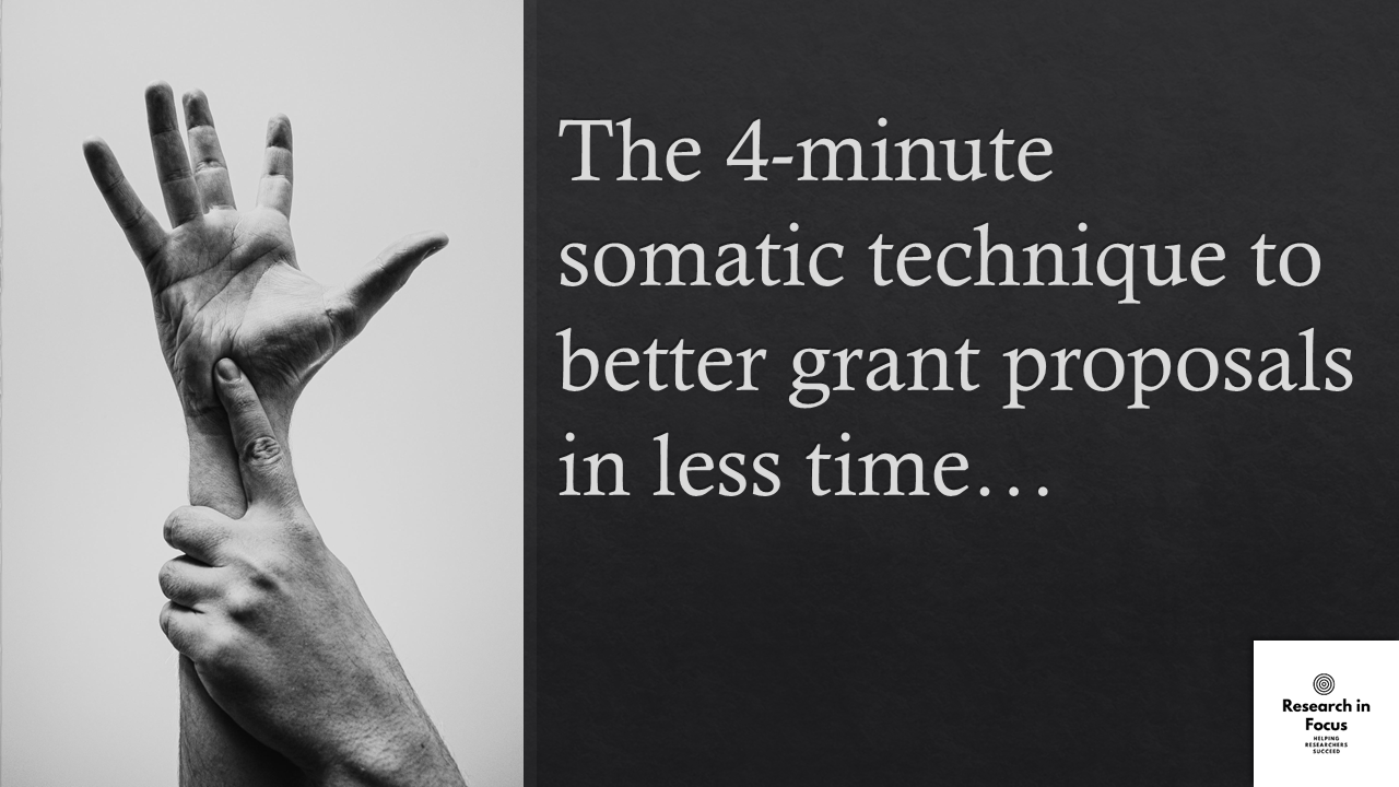 An image of an index finger applying pressure to the opposite wrist next to the caption: The 4-minute ritual to better grant proposals in less time...