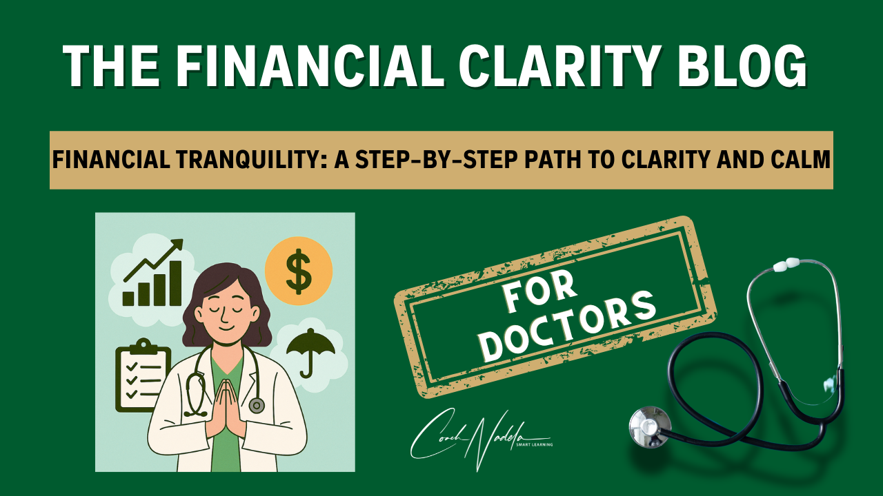 Doctor surrounded by financial icons symbolizing financial tranquility and clarity.
