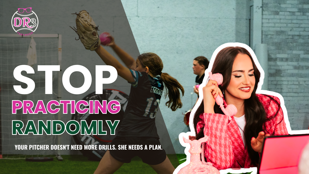 Young softball pitcher following a structured pitching practice plan during a bullpen