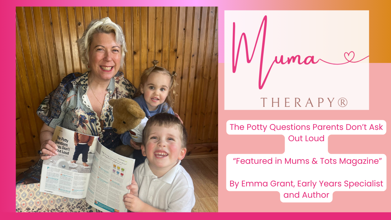 Potty Q & A Mums & Tots Magazine Emma Grant Holding it with 2 children next to her