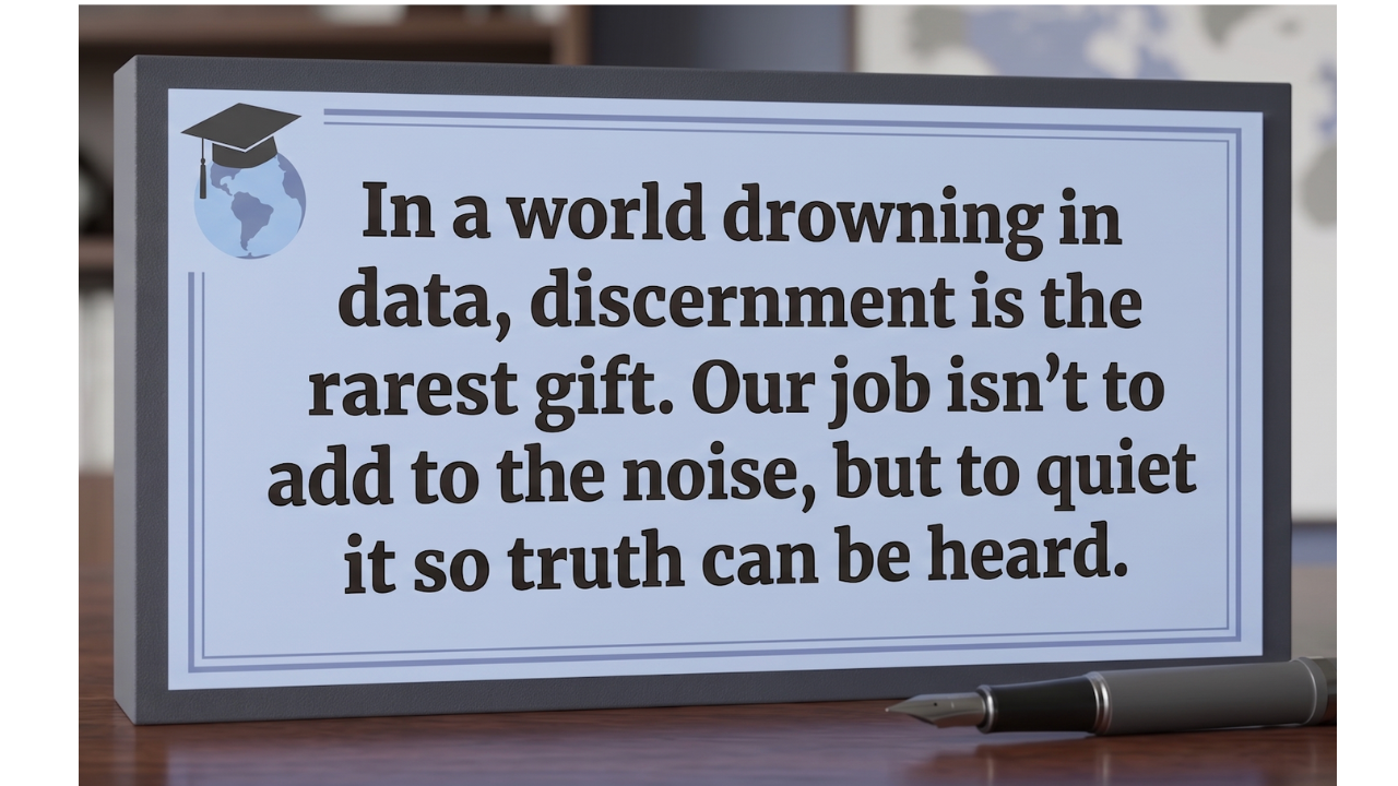 Quote graphic from EDNavigators: 'In a world drowning in data, discernment is the rarest gift. Our job isn't to add to the noise, but to quiet it so truth can be heard.