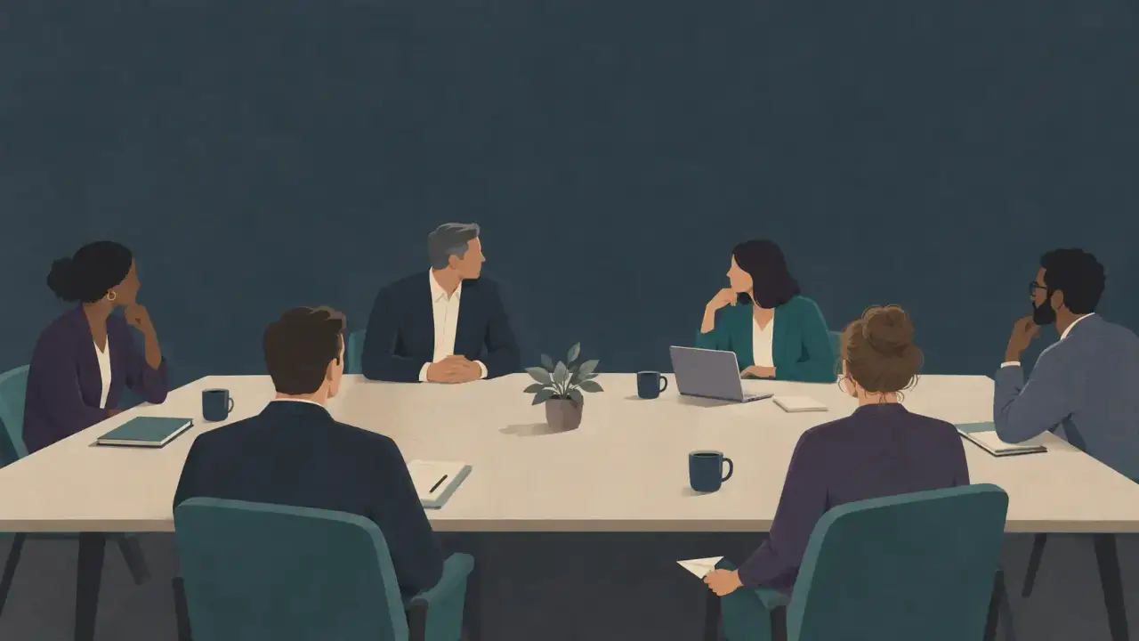  Illustration of a team meeting in which one person hesitates, holding a paper airplane below the table