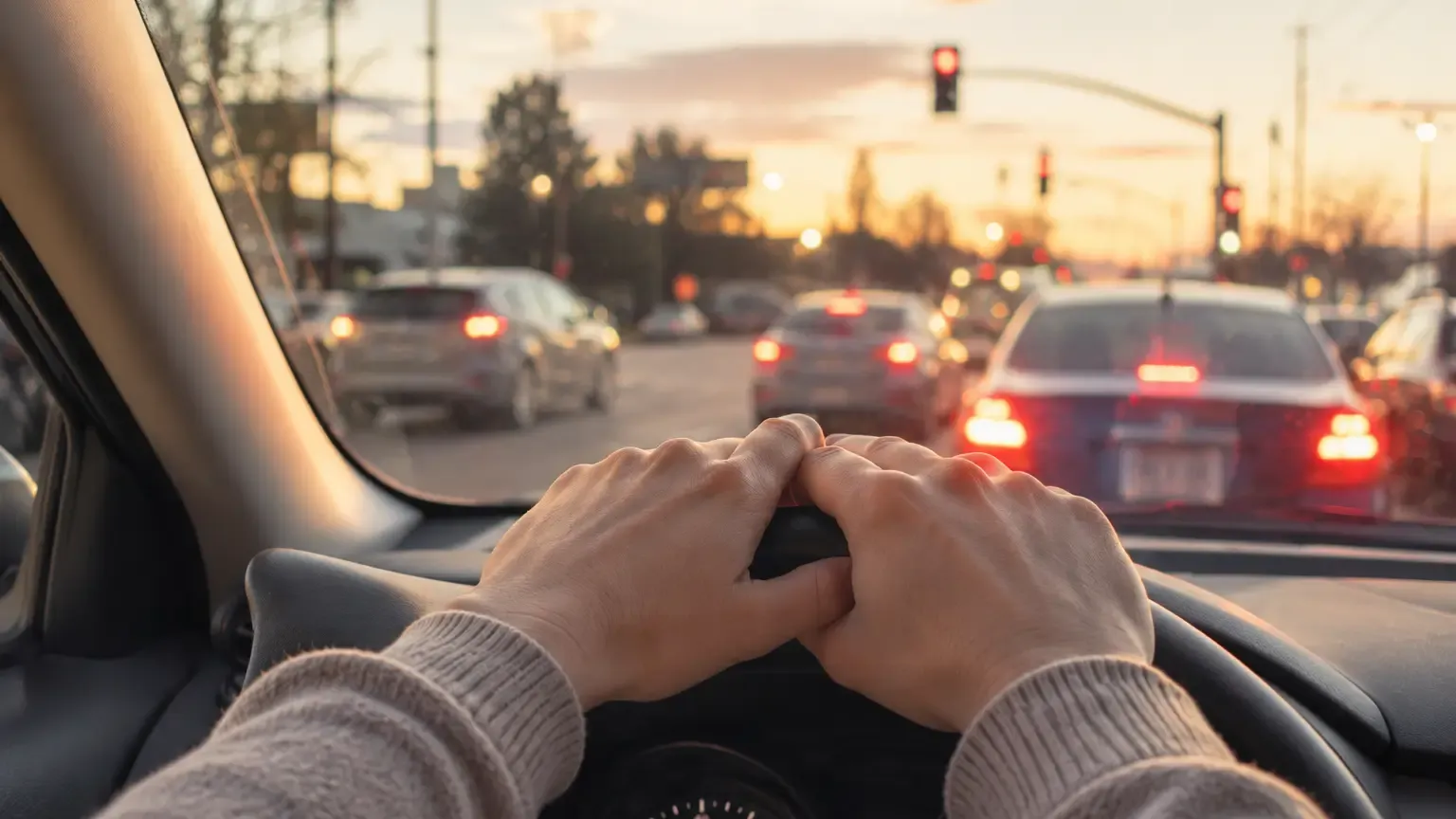 A driver’s hands resting on a steering wheel at a red traffic light in soft evening light, conveying the quiet build of an ordinary stressful day.
