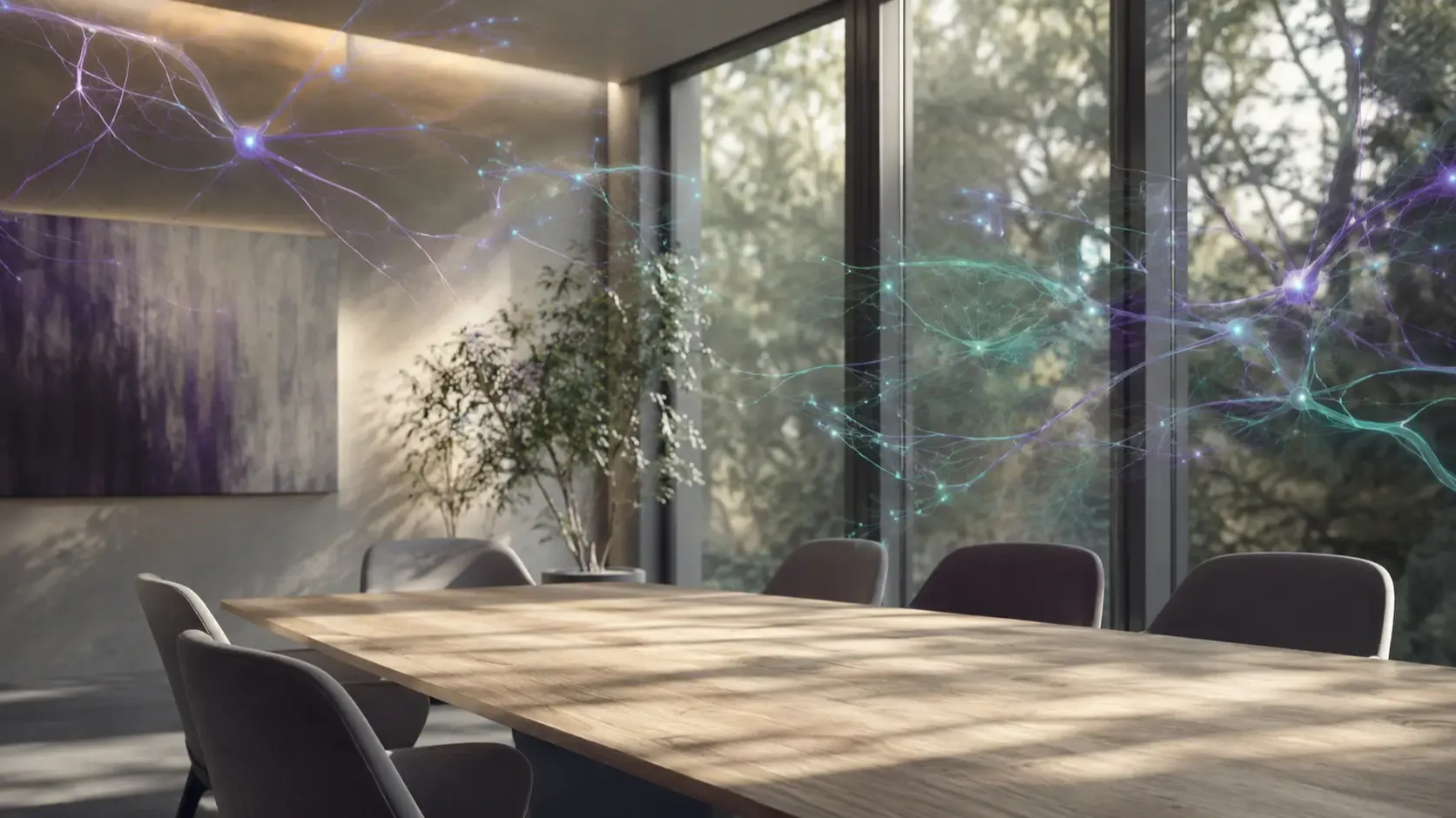 An empty modern meeting room lit by soft daylight, with faint nerve-like lines of light tracing through the space, suggesting psychological safety as a physiological state of a room