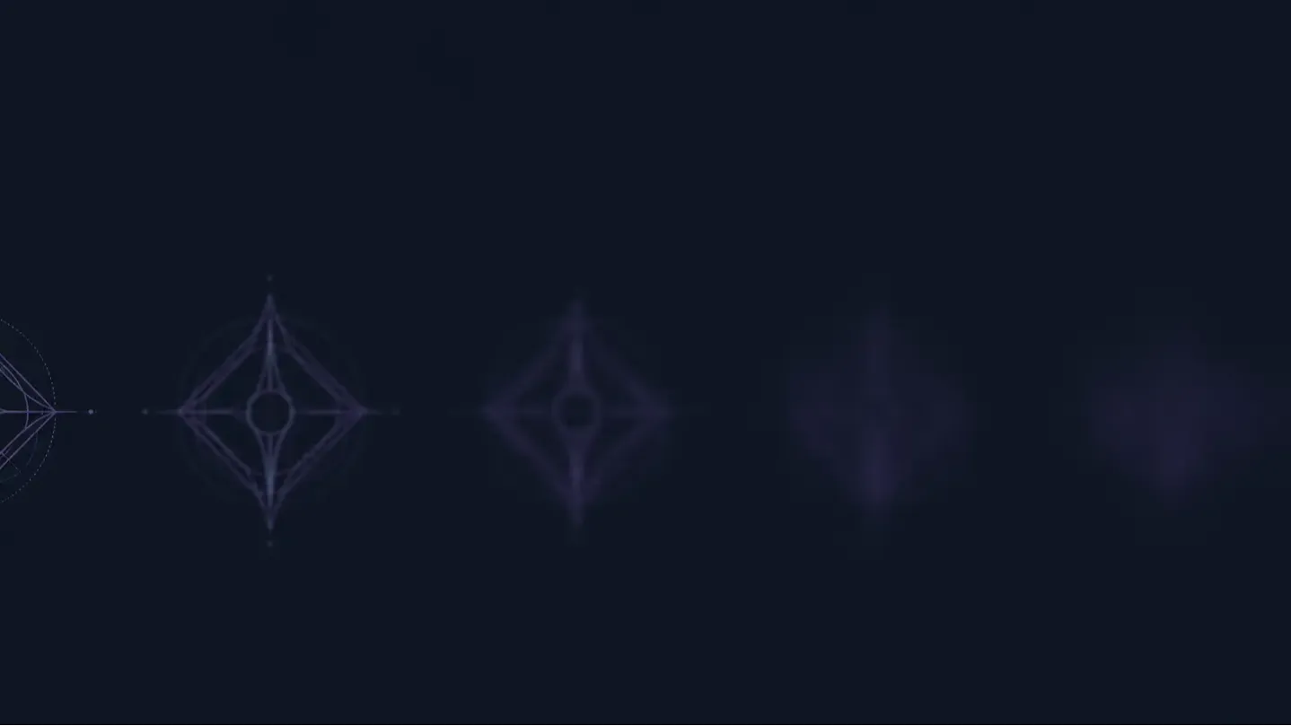 Abstract editorial graphic of a single sharp geometric mark that repeats and dissolves into blur across a dark field, illustrating how trauma language loses definition as it spreads.