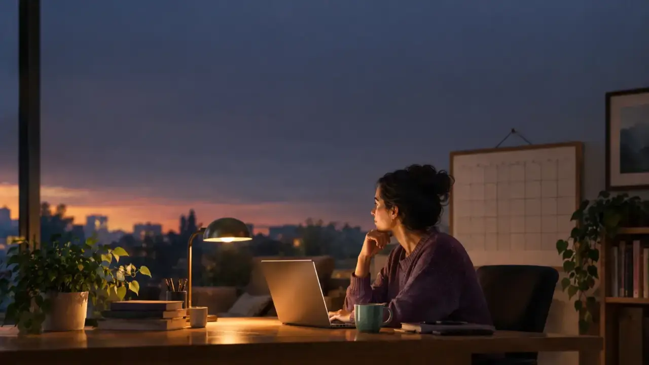 a person at a desk at dusk waiting for news, with a calendar of empty days behind them