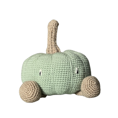 Crown Prince Pumpkin, a sage green crochet pumpkin