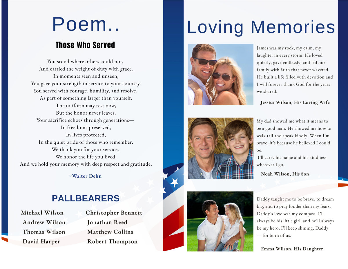 Pages displaying memorial poem, pallbearers list, and loving tributes with photos, designed in USAF patriotic style.