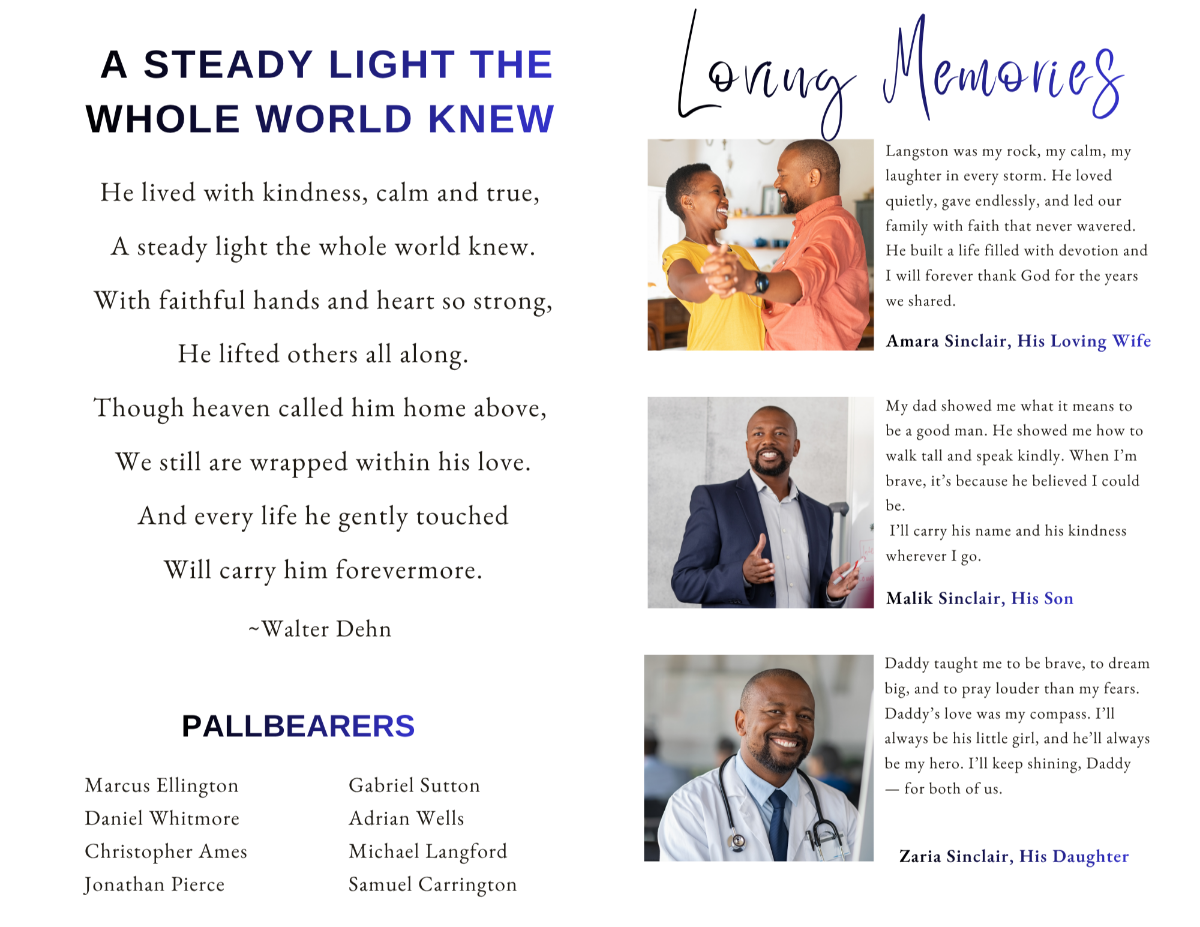 Memorial pages featuring heartfelt poetry, family photographs, pallbearer information, and loving tributes honoring faith, devotion, and family leadership.