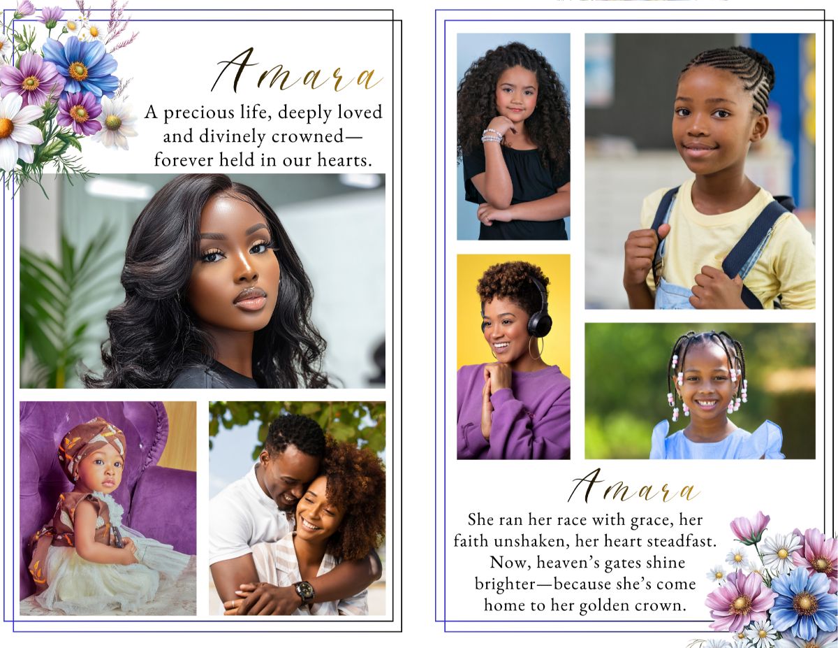 Photo collage tribute spread featuring childhood, family, and life milestone portraits arranged in balanced layouts with soft blue and lavender daisy accents.