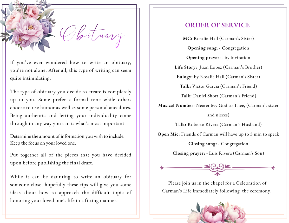 Obituary and order-of-service spread with pink gradient background, delicate floral embellishments, and a clearly formatted ceremony listing.