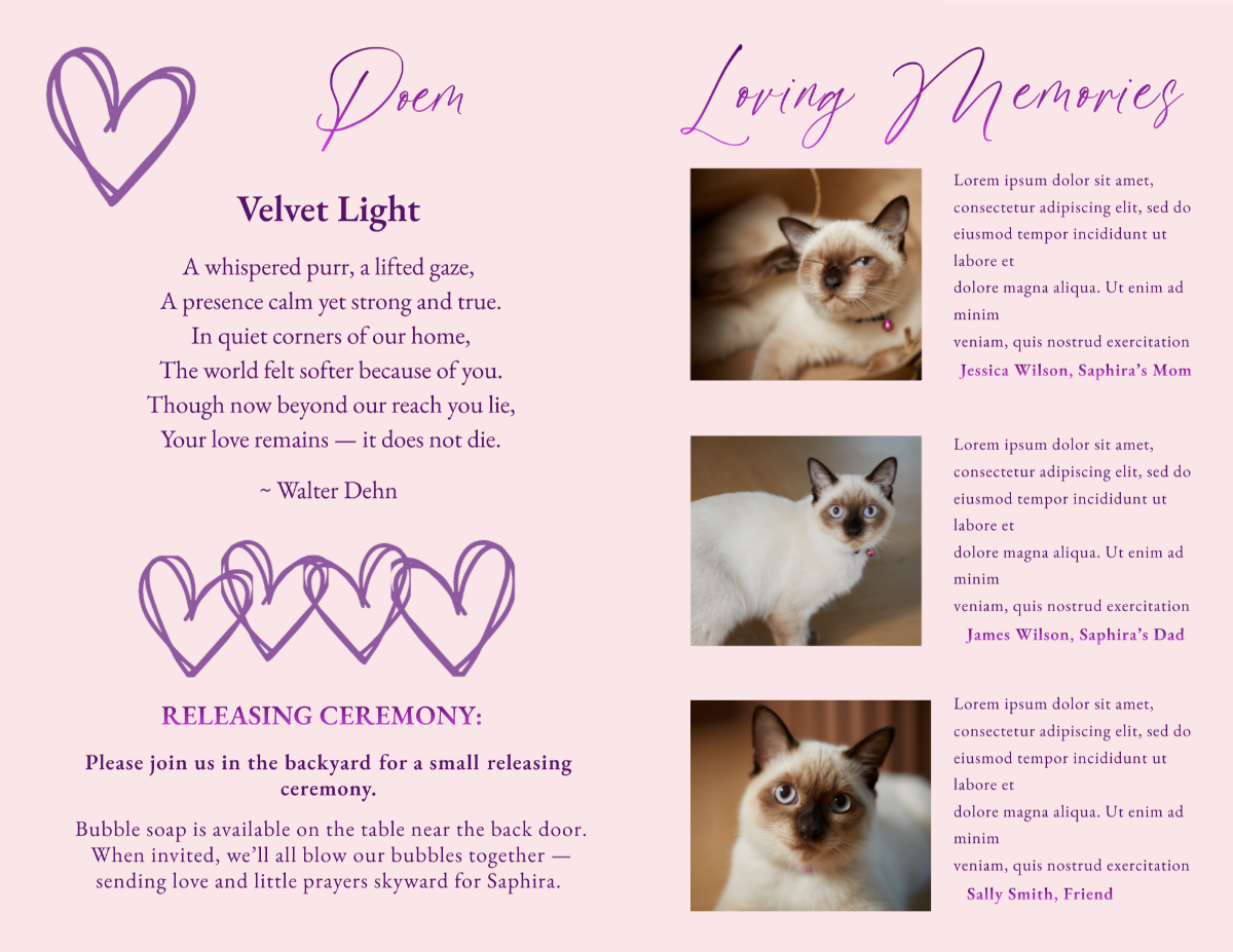 Poem and Loving Memories pages featuring pet tribute messages, favorite photos, and heartfelt reflections from family members remembering their faithful companion.