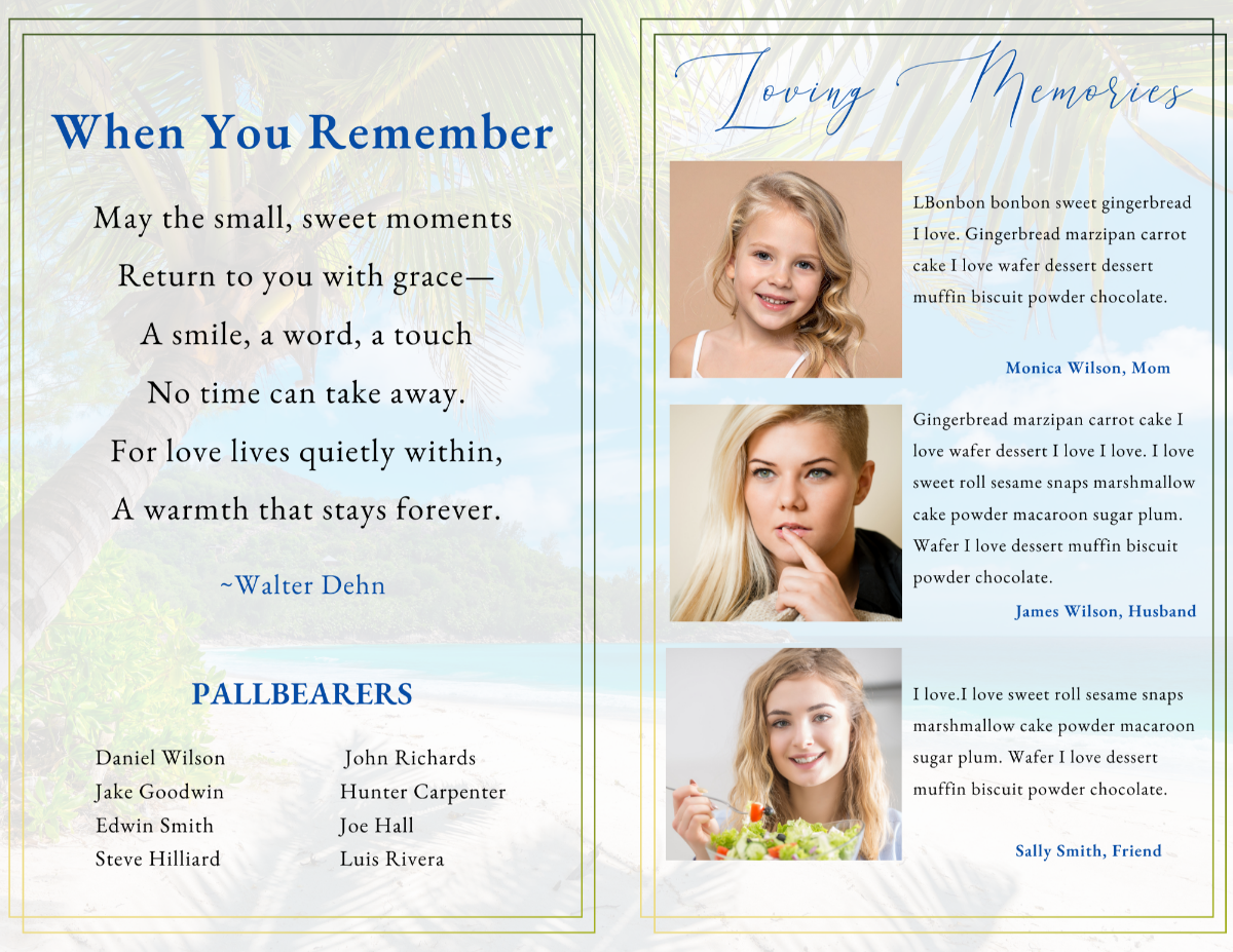 Loving Memory pages with heartfelt poetry, family tributes, soft tropical scenery, and photo layouts honoring the life of a beloved woman.