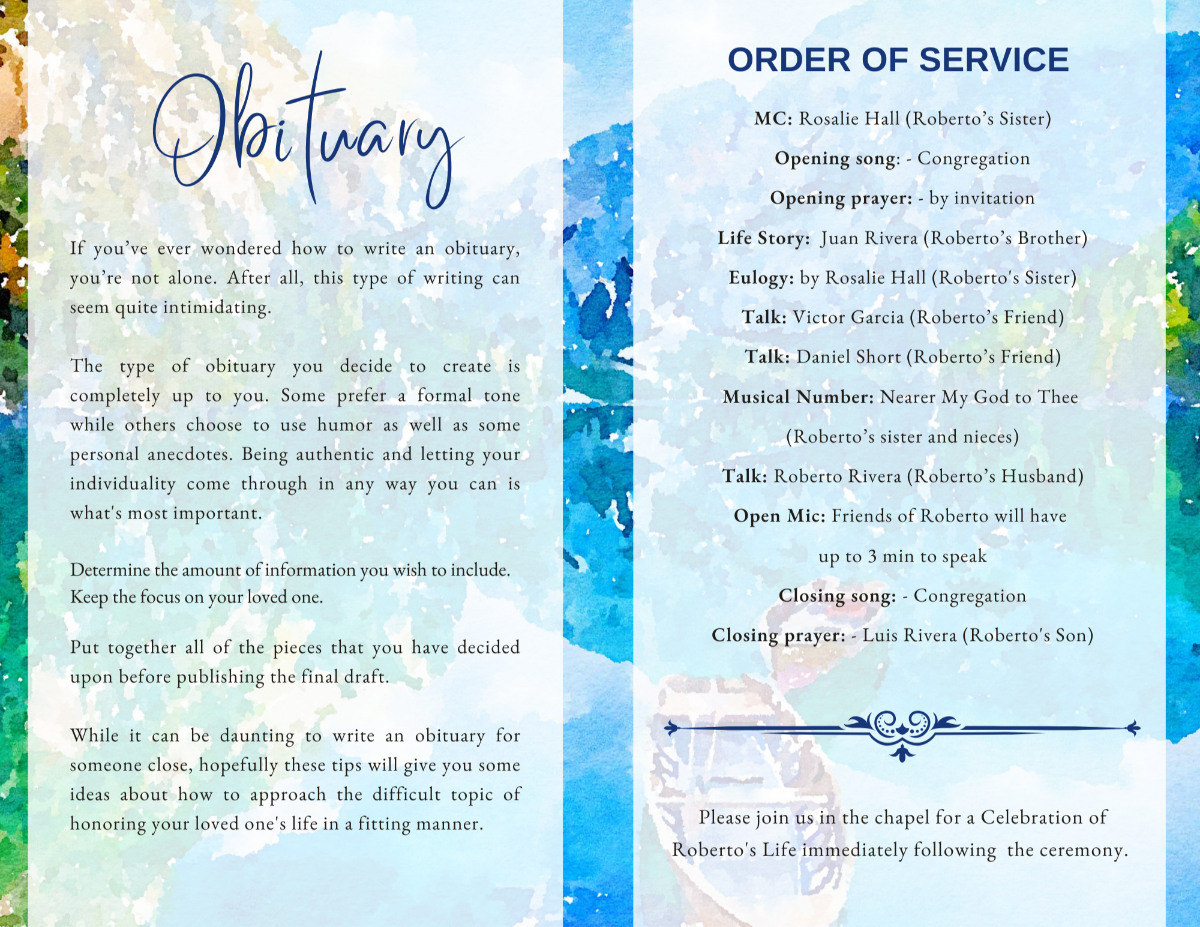 Inside pages featuring obituary and order of service framed by soft blue and green watercolor background.