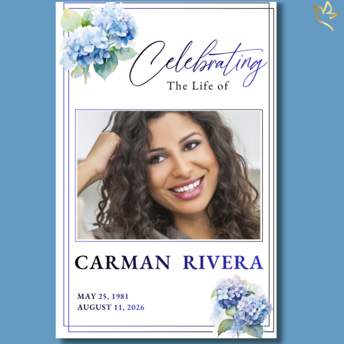 Elegant women’s memorial program cover featuring soft blue hydrangeas, graceful lavender accents, and a beautiful portrait layout designed to honor a beloved woman with peace, beauty, and dignity.