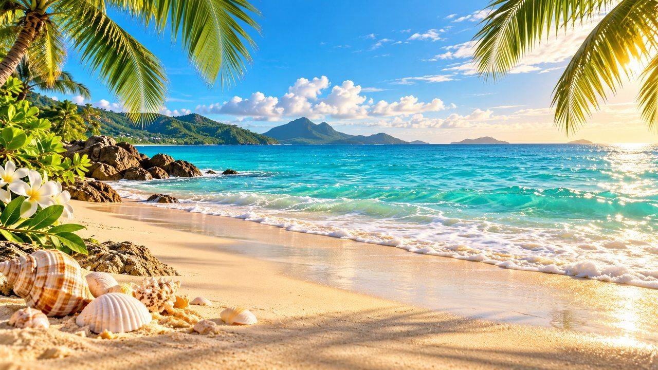 Palm trees frame a turquoise shoreline with shells on warm sand and soft sunlight over the sea.
