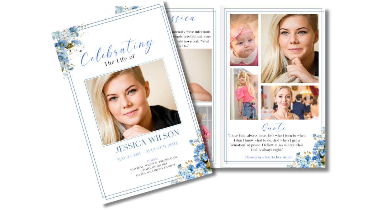 Front cover displayed beside open interior pages, showing the forget-me-not floral theme coordinated across obituary, collage, poem, and tribute layouts.