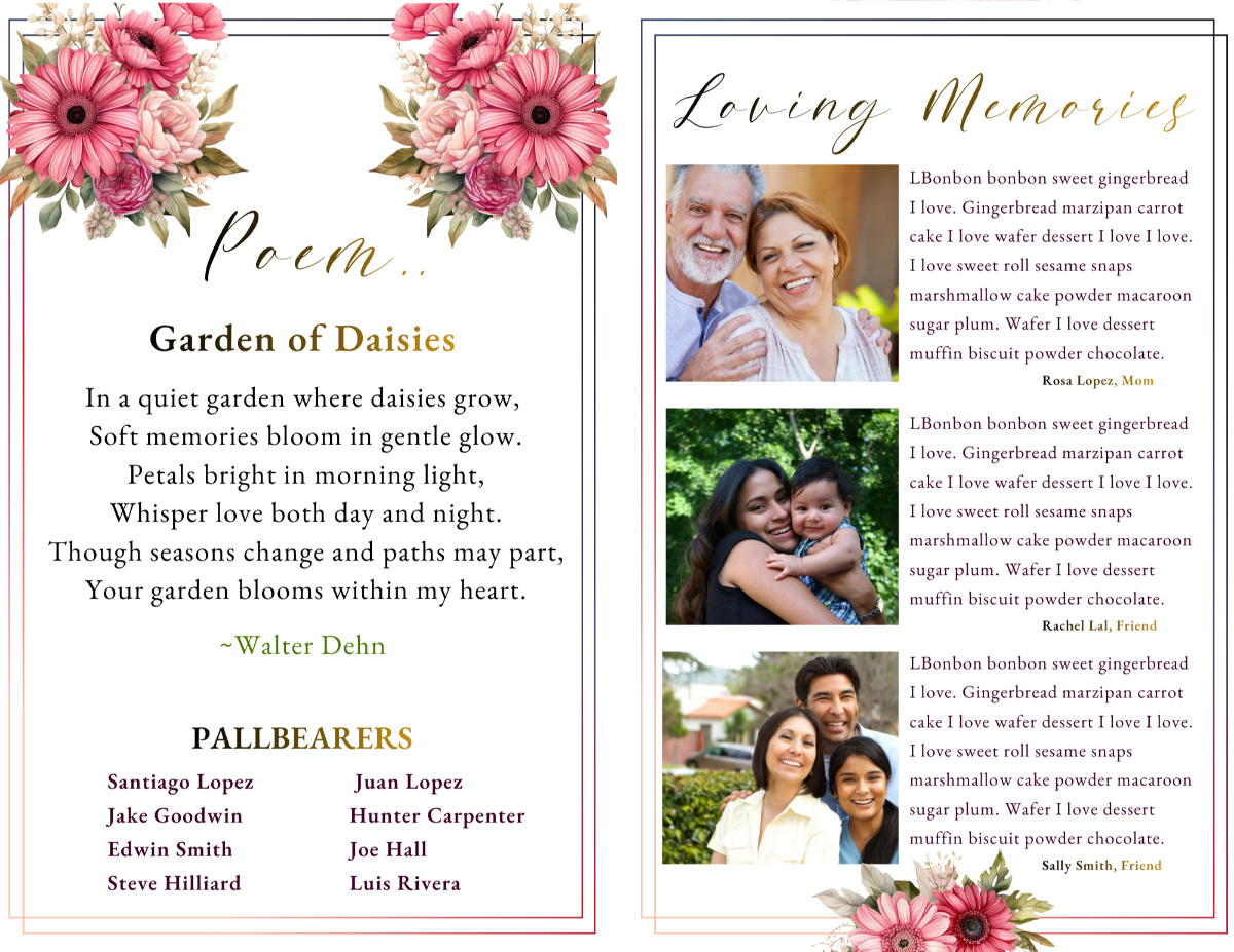 Interior pages featuring a centered memorial poem, pallbearers list, and a matching floral theme on the left. The right page displays three tribute photos with written memories beside each image.
