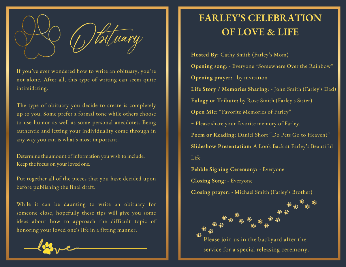 Pet obituary and celebration of life pages with organized memorial details, memory-sharing activities, and elegant gold accents.