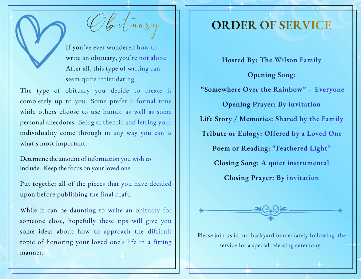 Obituary and order of service pages with rainbow-tinted sky background and elegant typography, providing structured space to honor a beloved bird’s life and memory.