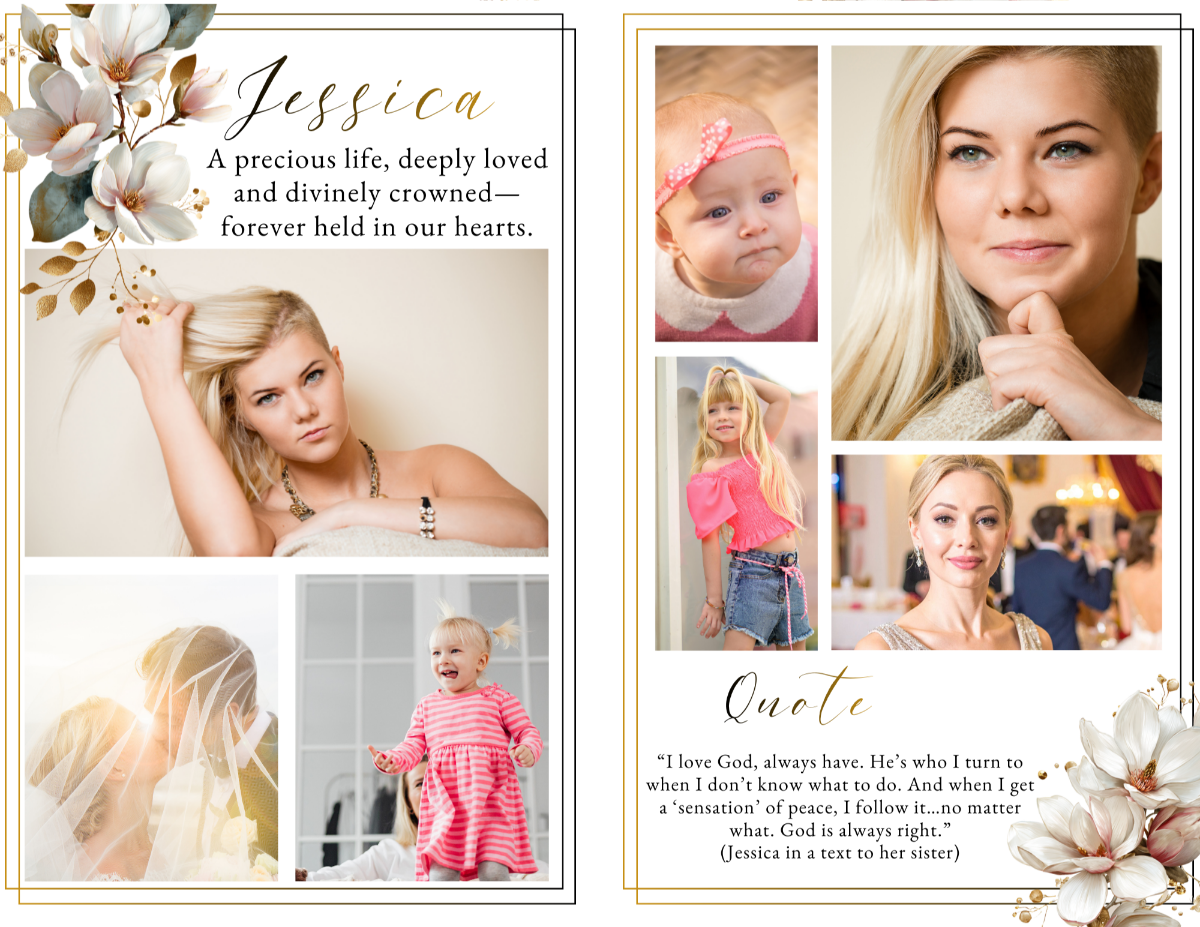 Photo collage tribute spread displaying childhood, family, and adult portraits arranged in a clean framed layout with magnolia floral accents.