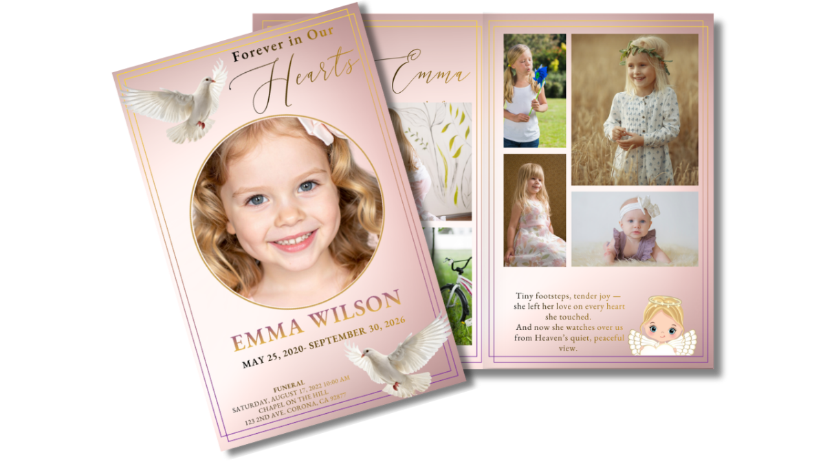 Front cover displayed beside open interior pages showing blush pink memorial design with white doves, photo collage layouts, and loving tribute sections for a child.