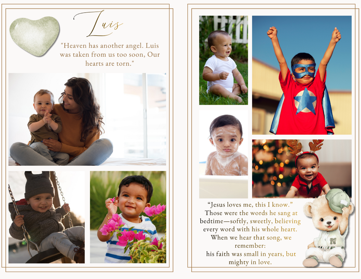 Photo collage and remembrance pages celebrating a little boy’s joyful life through playful childhood moments, family memories, and gentle keepsake artwork.