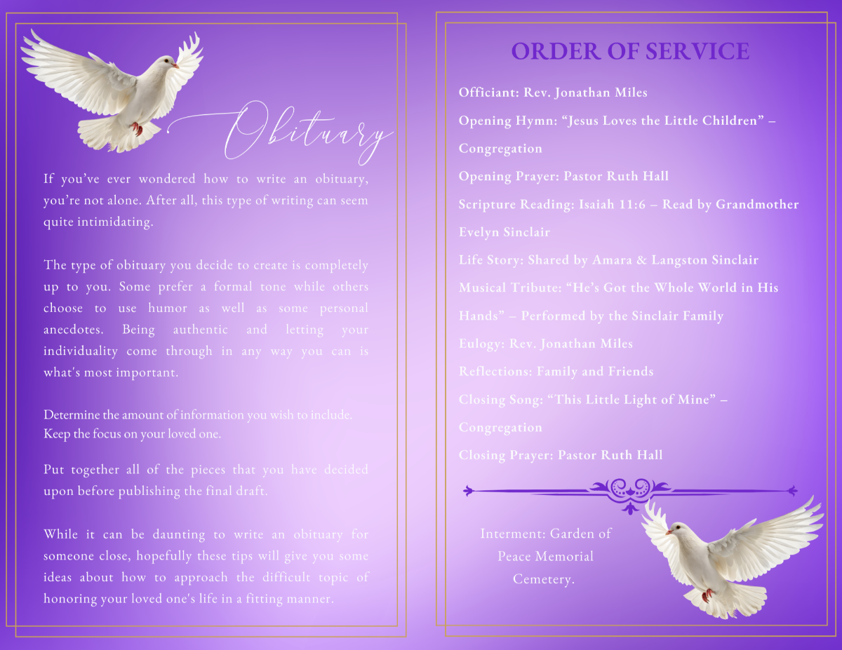 Obituary and Order of Service pages featuring soft script headings, delicate dove illustrations, and structured sections designed for honoring a child’s life with faith and tenderness.