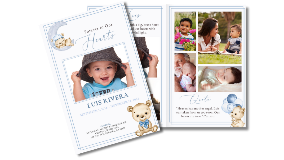 Front cover and multi-photo tribute page highlighting candid family moments, arranged in a clean grid layout with light blue borders and subtle teddy bear artwork.